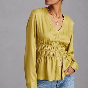 Anthropologie Silky Satin Button-Up V-Neck Blouse with Ruching - Preowned
